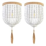 PEESIN Wall Sconces, Boho Wall Sconces Set of Two, Ivory White Wood Beaded Sconces, Rustic Sconce wi