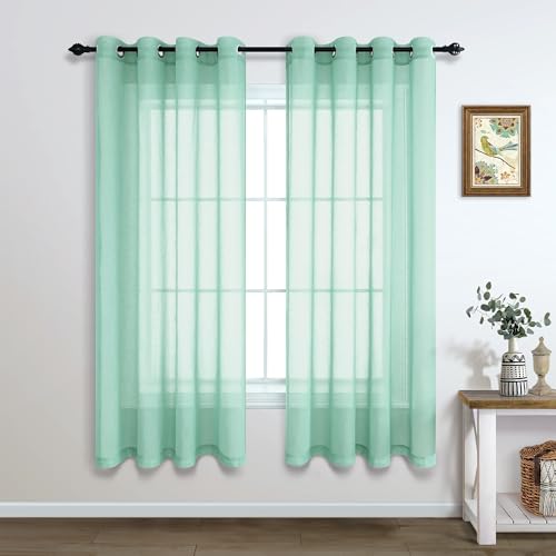 Sea Green Curtains 63 Inch Length for Bedroom Pair Set Grommet Linen Textured Semi Sheer Aqua Mint Curtains for Boys Room Teen Kids Nursery Cabin Cottage Summer Lakehouse Decor 52x63 Inches Long