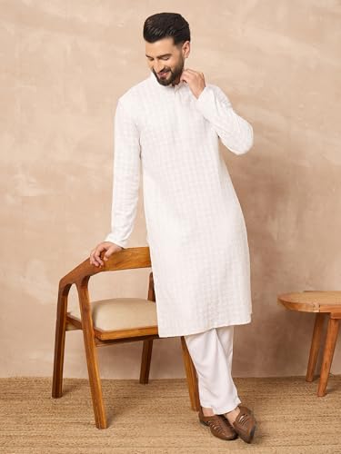 Image of Men's Solid Embroidered Long Straight Kurta | Men's Kurta | Embroidered Chikankari Kurta for Men | Straight Fit Kurta for Men