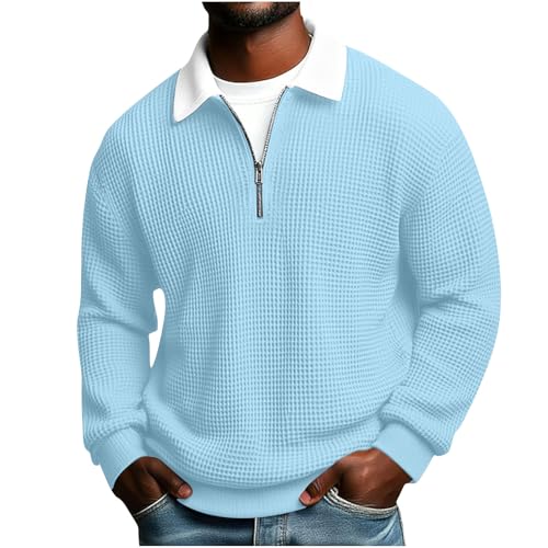Image of Men's Waffle Knit Polo Shirts Long Sleeve Sweatshirt for Men UK Quarter-Zip Polo Neck Jumper Fashion Contrast Collar Sweatshirts Oversized Fit Soft Textured Jumpers with Ribbed Cuffs Hem Light Blue