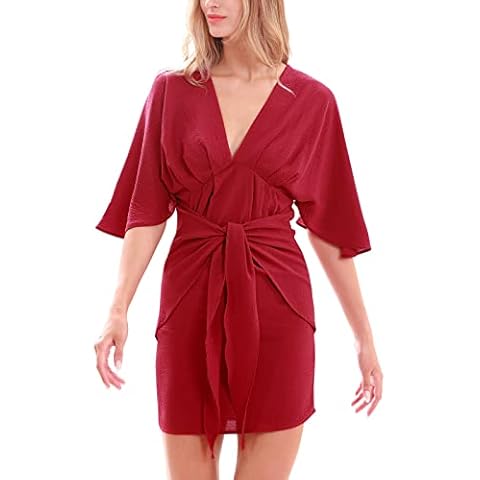 YODNBUK Women's Elegant Bodycon Mini Dress V Neck Wrap Batwing Sleeve Summer Casual Dress Cover