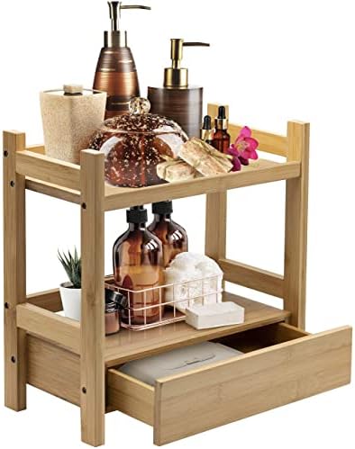Sorbus 2-Tier Bamboo Countertop Shelf with Hidden Drawer - Makeup Organizer - Multi-Purpose Storage for Skincare, Toiletries, Desktop - Display Stand Shelf for Bathroom Vanity Counter, Kitchen, Office