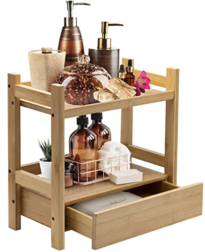 Sorbus 2-Tier Bamboo Countertop Shelf With Hidden Drawer - Makeup Organizer - Multi-Purpose Storage For Skincare, Toiletries, Desktop - Display Stand Shelf For Bathroom Vanity Counter, Kitchen, Office #TOP18
