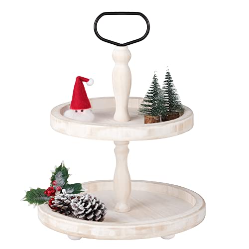 Mustry Rustic Wooden 2 Tiered Tray, Round Farmhouse Kitchen Table