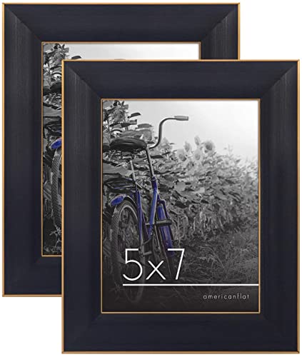Americanflat 5x7 Rustic Picture Frame in Black with Gold Trim and Polished Glass - Horizontal and Vertical Formats for Wall and Tabletop - Pack of 2