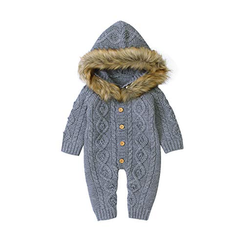 mimixiong Baby Cable Sweater Romper Knitted Long Sleeve Jumper Outfit with Faux Fur Hood Grey 70
