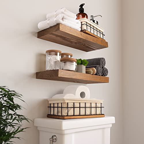 Baobab Workshop Floating Wood Shelves Set Of 2 - Rustic Shelf 16 Inch - Handcrafted In Europe - Wide Wooden Wall Shelves For Living Room Bedroom Kitchen Bathroom Farmhouse - Walnut Color - 16" X 6.7" #TOP4