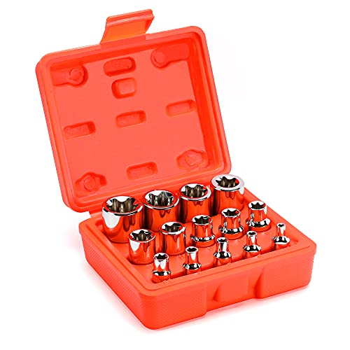ValueMax 14-Piece Female E-Torx Socket Set, 1/4", 3/8" and 1/2" Drive, Female External Star Socket Set with Storage Case, E4-E24 Torque Socket Set, Cr-V Steel