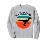 Este colorido diseño cuenta con la silueta de un dinosaurio Velociraptor en negro frente de un fondo retro de puesta de sol en verde, amarillo y rojo.