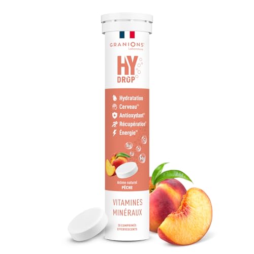 GRANIONS HYDROP - Pastilles Hydratation - Pêche - SANS SUCRES - Fabriqué en France - Electrolytes Hydratation - Vitamines, Minéraux, Magnesium - Pastille Hydratation - 20 Pastilles Effervescentes