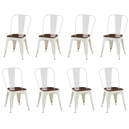 Image of Metal Dining Chairs with Backrest, Wood Seat, White, 8 Pack | Easy Assembly, Non-Slip Feet, 330 lb Capacity, Kitchen, Restaurant, Cafe, Pub, Covered Patio