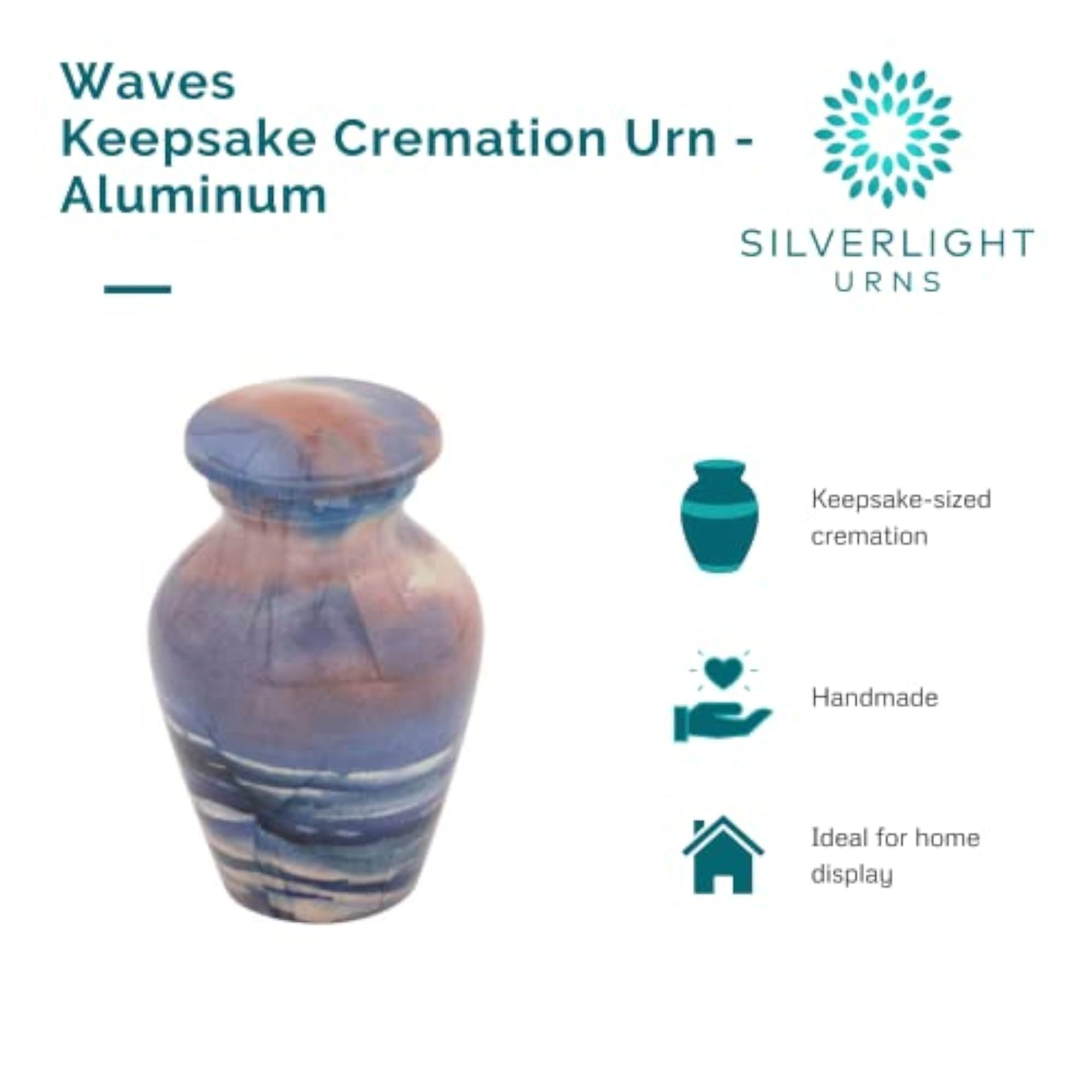 Waves Keepsake Cremation Urn for Ashes, Aluminum Blue Design