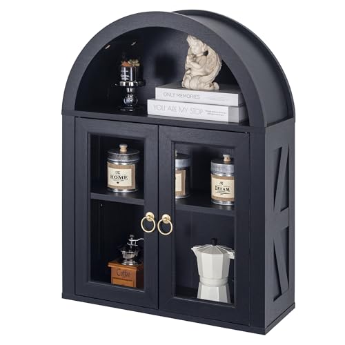 TDLEAYYD Arched Wall Cabinet with Glass Door, Arch Display Wall Mounted Cabinet, Farmhouse Wall Cabinet with Shelves for Living Room, Bathroom, Kitchen (Black)