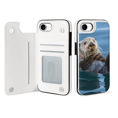 Housse iPhone 16 E loutre de mer étui portefeuille à rabat en cuir