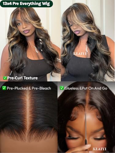 Image of KLAIYI Bye Bye Knots Glueless Wig Human Hair 13x4 Balayage Highlight 3D Body Wave Precut Lace Front Wig with Baby Hair Black Mix Blonde Brown Pre Plucked Pre Bleached Knots Wig 30S Easy to Wear 24Inch