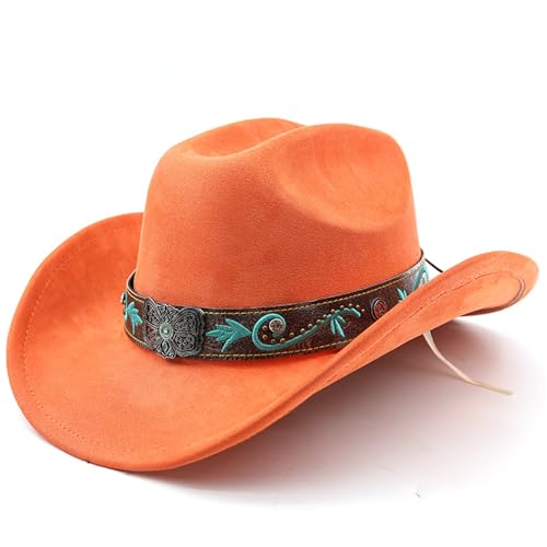 He&Yingmin Cowboy Hat for Women Men with Embroidery Belt Wide Brim Western Suede Hat for Cowboys and Cowgirls (Orange One Size)