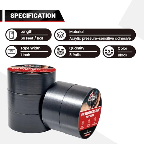 Image of RED WOLF Electrical Tape 1 inch x 66FT Acrylates Copolymer Viscosity Flexibility Electric Tape, Flame Retardant Waterproof 1000 Volt for Auto Engine Industrial Wrapping Wiring Harness 5 Packs