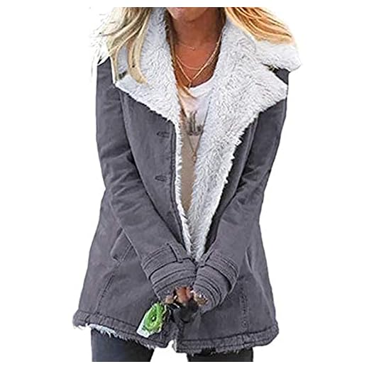 Ewepdwo Damslag slag slag lammull foder jeansjacka vinterknapp varm jacka, Grå, XL