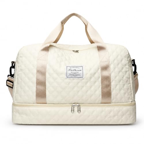 Bolsa de Viagem Unissex Grande, Nylon/Poliéster, 30L, 5 Bolsos com Zíper, Alça Transversal Ajustável, Encaixe para Mala, para Academia e Viagens (Bege)