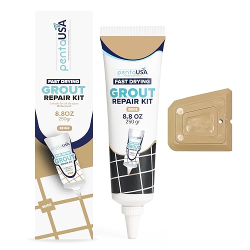 PentaUSA Blanqueador de Juntas - Juntas Azulejos, Kit de Reparación de Juntas, Reparación de Escapadas, Lechada Tubo, Reparación y Renovación, Mortero Azulejos - Con Espatula (250g - Beige)