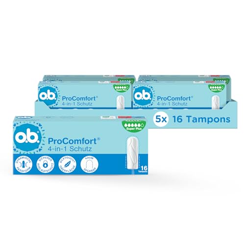 o.b. ProComfort Super Plus - Tampones de protección 4 en 1 (5 x 16 unidades) con punta extra suave para una fácil inserción y hasta 100% protección contra fugas, ideal para deportes y uso diario