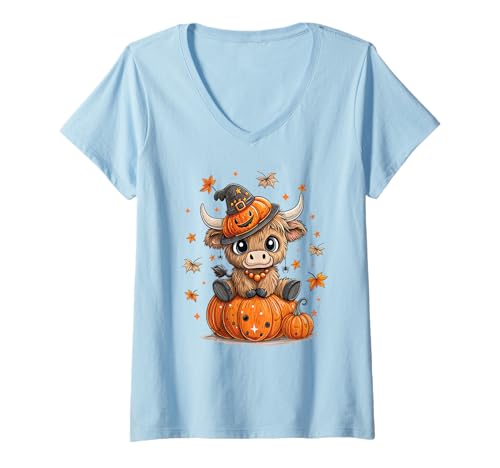 Femme Spooky Baby Highland Cow Halloween Citrouille Animaux Amoureux T-Shirt avec Col en V