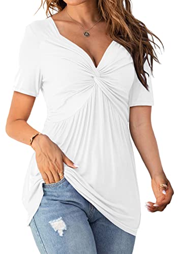 Image of Tankaneo Womens Front Knotted V-Neck Blouse T Shirt Short Sleeve Oversized Tunic Tops Summer Solid Pullover Tees