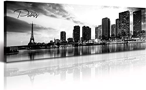 Image of DJSYLIFE Paris Eiffel Tower Skyline Wall Art Black and White Modern City Night View Panoramic Cityscape Picture Paintings Canvas Prints Office Room Home Decoration Artwork Framed 13.8 inchX47.3 inch