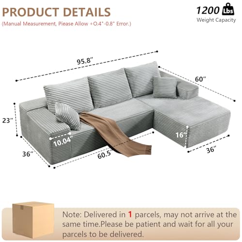 Image of 96 inch Modular Sectional Sofa, Modern Corduroy Cloud Couch with Deep Seat, Boneless Couch Upholstered 3-Seater L-Shaped Sofa for Living Room, No Assembly Required (Light Gray, Right-Facing Chaise)