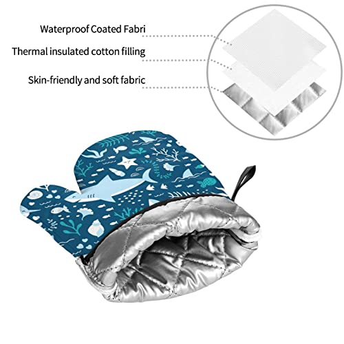 Cute Blue Fish Heat Insulation Oven Mitts And Pot Cover Pad,4-Piece Set,For Cooking Baking Grilling #TOP4