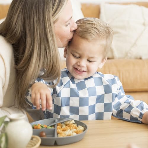 Image of Tiny Twinkle Long Sleeve Bib for Babies & Toddlers | Waterproof Smock Bib for Eating | Machine Washable & Mess-Proof Feeding Essentials | Newborn Shower Gift (Checkers Blue, 6-24M)