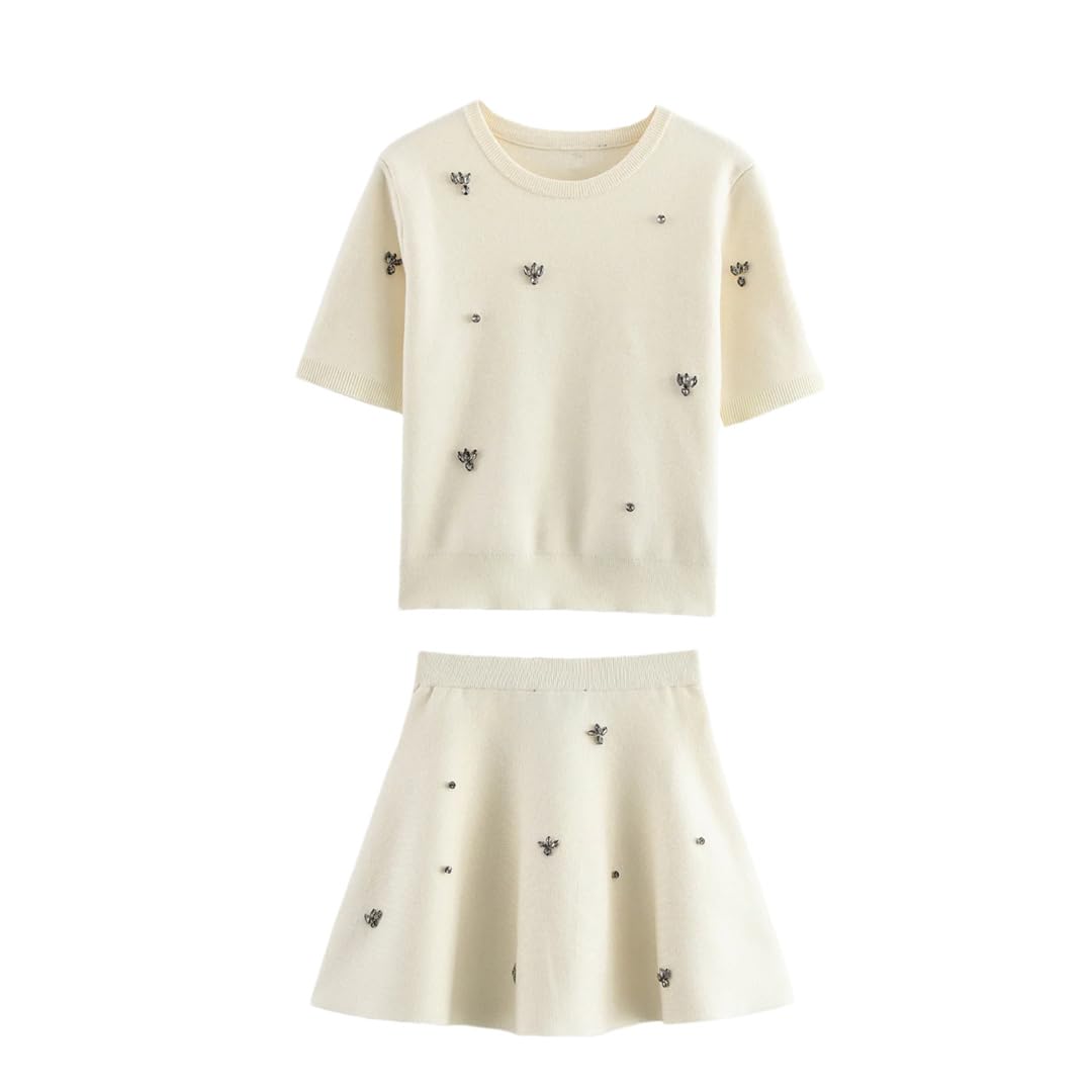 Women Summer Sweet Jewelry Beaded Short-Sleeved Knitted Sweater A-Line Hem Knitted Skirt