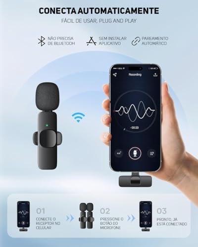 Microfone de Lapela Sem Fio (Tipo C) Kit com 2 Peças Compativel Com IOS e Android Redução de Ruí