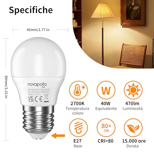 Lampadine LED E27 Novapollo Non Dimmerabili, 4.2W (Eq.40W), Luce Calda 2700K, 470Lm, 15000h - Ideali Camera da Letto/Soggiorno (3) - Immagine 1