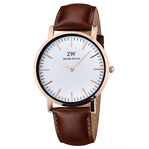 KZKR Unisex Armbanduhr Fashion Quarz Analog Zifferblatt Leder Armband prägnant super Dünn Weiß Rosengold Braun