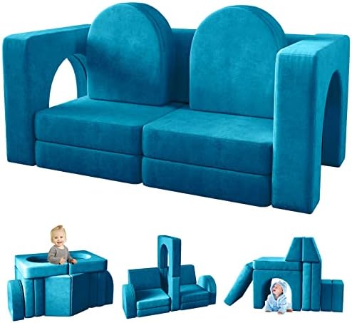 wanan Kids Couch 10PCS, Toddler Couch with Modular Kids Couch for Playroom Bedroom, 10 in 1 Multifunctional Toddler Couch for Playing, Creativing, Sleeping, Indoor Kids Sofa (Blue)