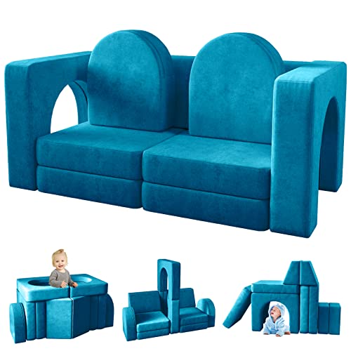 wanan Kids Couch 10PCS, Modular Kids Play Couch for Playroom Bedroom, 10 in 1 Multifunctional Kid Sofa for Playing, Creativing, Sleeping, Indoor Toddler Couches for Boys and Girls (Blue)