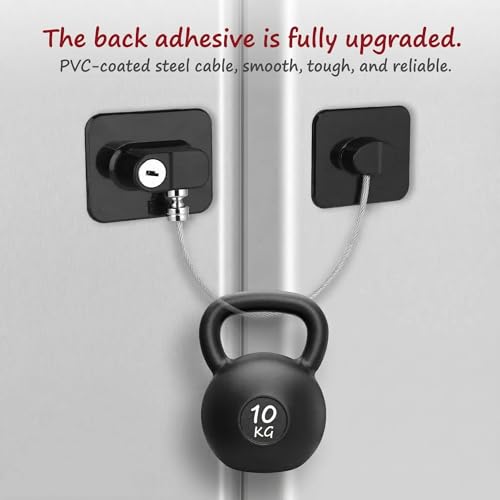 Image of Child Safety Device Refrigerator Door Lock with Key and Adhesives, Cabinet Restrictor Cable for Baby and Toddler, Lock for Cupboards, Drawers, Fridge, Wardrobe, Black, Pack of 1