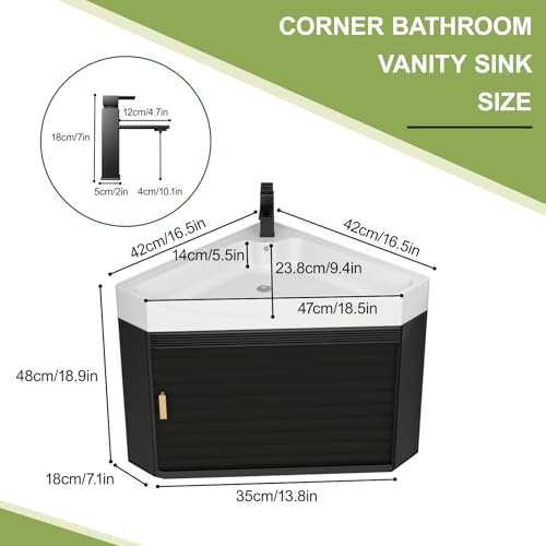 Eckwaschbecken mit Unterschrank, Triangle Keramik Waschtisch mit Wasserhahn und Fallrohr, Wandhängendes Eck-waschtisch für Badezimmer(Weiß, 42cm/16.5in)