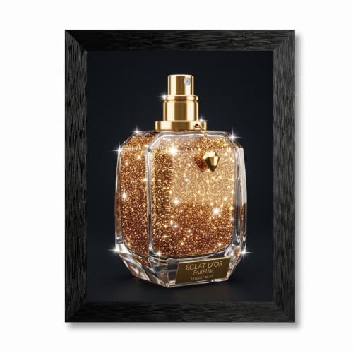 Framed Canvas Wall Art Abstract Designer Perfume Bottle Gold Glitter Textures Canvas Print Poster Black Frame Wall Decor for Luxury Bedroom Glamorous Decor, Chic Fashion Art - Inch 16x20