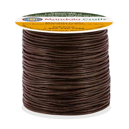 Mandala Crafts Round Cowhide Genuine Brown Leather Cord for Jewelry Making Kumihimo Leather Rope Spool - Brown String Lace - 20 Yds 1mm Cording