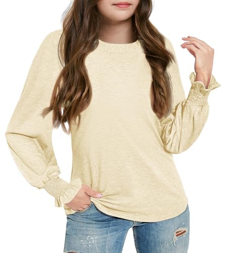 Haloumoning Girls Long Sleeve Shirts Kids Fashion Crew Neck Tunic Tops Blouse 5-14 Years Beige
