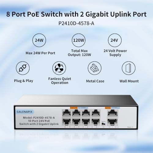 8 Port PoE Switch, 24V Passive 100Mbps Switch with 2 Gigabit Uplink Ports, Fanless Silent Operation, Metal Housing, Unmanaged, Plug and Play, for Camera Wireless AP - 2