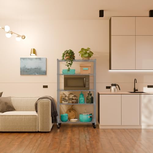 Image of 4-Shelves Wheels Heavy Duty Steel Storage Rack | Multipurpose Shelving Unit for Kitchen, Home & Utility | Grey, 4 Shelves Wheels