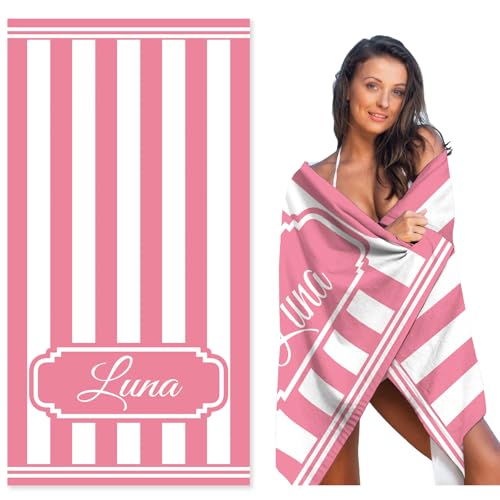 MeMoShe Personalized Beach Towels with Name Microfiber Custom Beach Towels for Kids, Sand Free Quick Dry Beach Towel for Women Pool Towels Blanket for Adults 30x60 Inch Pink