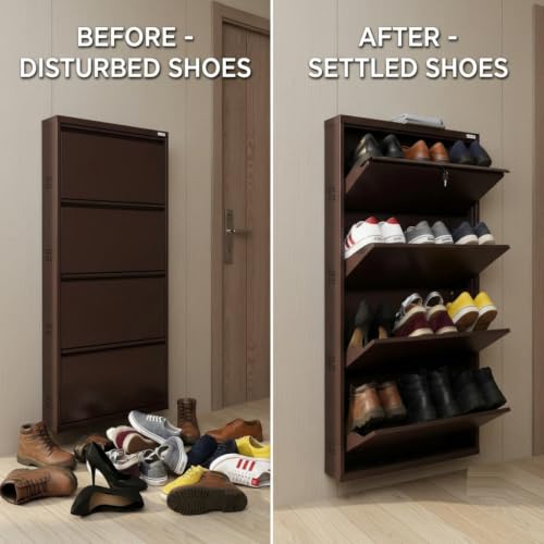 Image of TUFFERONE Shoe Rack 4 Door 3 Pair Metal Organizer Cabinet, Brown | Powder Coated, Durable, 147.2x73x14 cm