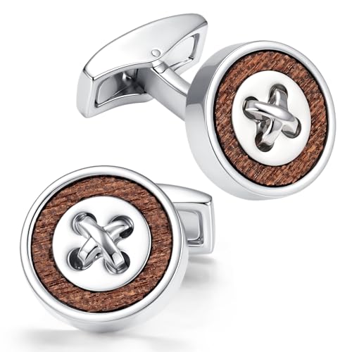 Image of MERIT OCEAN Cuff Links Mens Cufflinks Wood Inlay - Rectangular Brass Cuff Links with Gunmetal Finish, 3-Layer Electroplating, Unique Wood Grain Shirt Accessories for Business Wedding Tuxedo, Durable