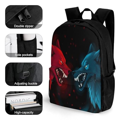 Supdreamc Men Women Polyester Red And Blue Angry Wolf Fight Daypack Backpack Large Capacity Carry On Bag With Smooth Zippers for Hiking Picnic Walking Cycling3