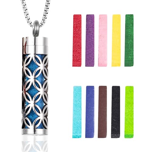 ELNX Collier Diffuseur d'Huiles Essentielles Bijou Aromathérapie en Acier Inoxydable avec 10 Tampons Parfumés, Cadeau pour Femmes et Hommes (Feuille)