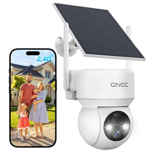 GNCC Camara Vigilancia WiFi Exterior Solar con Bateria Sin Cables, 1080p/2MP Camara Vigilancia Exterior Solar Visión Nocturna Color, PTZ 360°, Humana Detección de IA, PIR Sirena, Audio Bidireccional